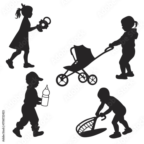 Diverse children silhouettes engaged in playful activities including pushing a stroller holding toys and carrying a bottle representing childhood innocence and fun