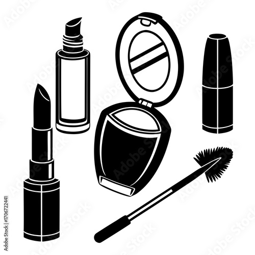 A collection of black and white silhouette illustrations of makeup products including lipstick foundation powder compact and mascara wand against a white background
