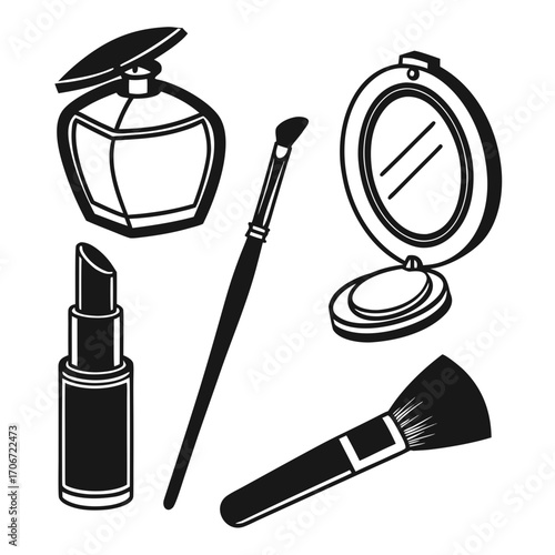A black and white graphic illustration of essential beauty products including a perfume bottle lipstick makeup brushes and a compact mirror perfect for design elements