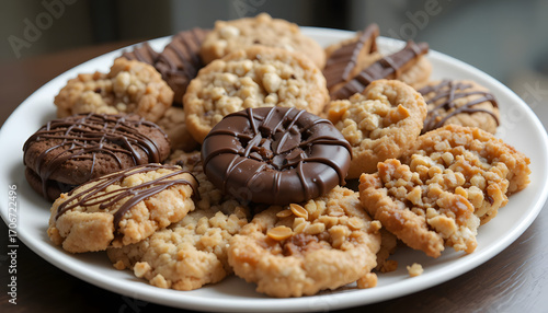 A white plate filled with an assortment of cookies, including chocolate-covered, shortbread,
