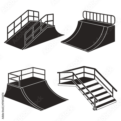 Collection of black and white isometric vector illustrations of skate park ramps and obstacles including quarter pipes funboxes and stairs with railings on a white background