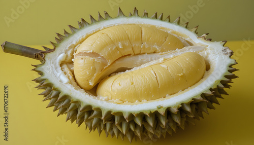 A cut-open durian fruit resting on a yellow surface, showcasing its spiky green exterior and creamy yellow flesh inside.