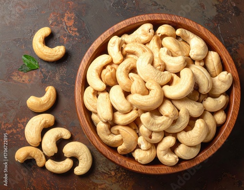Roasted cashew nuts in wooden bowl with pile of cashew nuts on the table. top view.