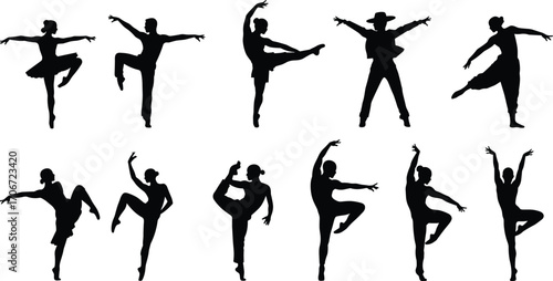 Ballet and contemporary dancer silhouettes. Graceful dance poses, elegant performing arts icons, ballerina and male dancer vector illustrations for stage, choreography, performance, art.