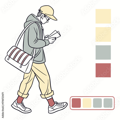 A stylish young person wearing a cap and hoodie walks while looking at papers with a color palette sample on the side