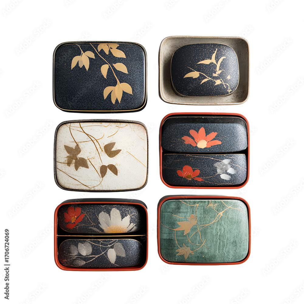Fototapeta premium Six decorative Japanese bento boxes arranged in rows on a white surface, top-down view.