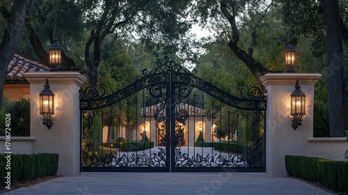 Majestic entrance gate featuring wrought iron elements, elegant curves, and subtle lighting