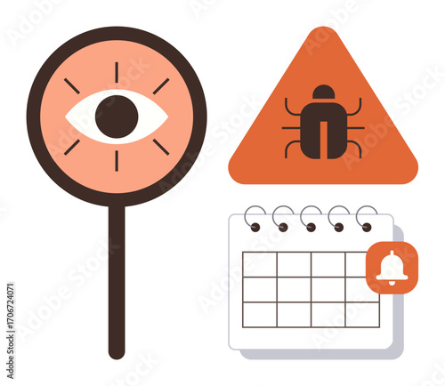 Eye in magnifying glass, warning sign with bug, calendar with notification bell. Ideal for software testing, cybersecurity, planning, alerts, risk management, productivity simple flat metaphor