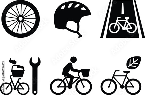 Black bicycle icons set including bike wheel, helmet, bike lane, cyclist with basket, wrench repair, person riding, and eco-friendly bike with leaf symbol for cycling designs