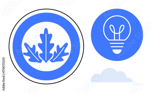Circular oak leaf logo and light bulb symbol represent eco-conscious thinking and innovation. Ideal for sustainability, renewable energy, environment, creativity, technology, growth, simple landing