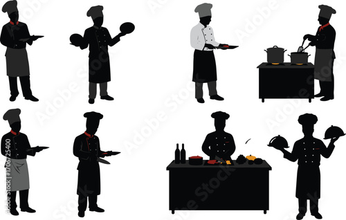 Chef silhouettes cooking, professional chefs with trays and utensils, kitchen activity, culinary team, cooking preparation, food service, restaurant staff, chef work vector illustration.