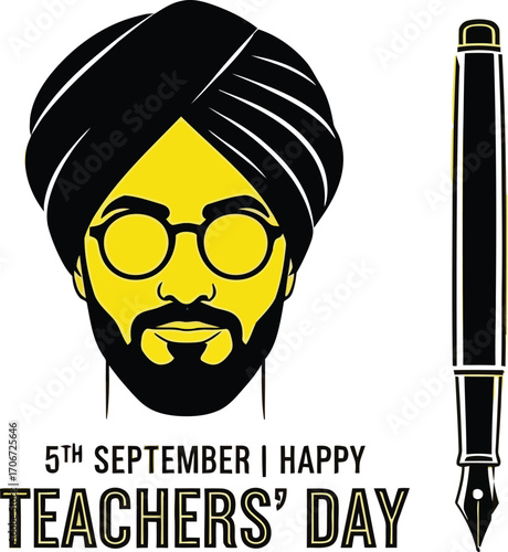 Happy Teachers' Day greeting with a teacher illustration, pen, and flying birds on yellow