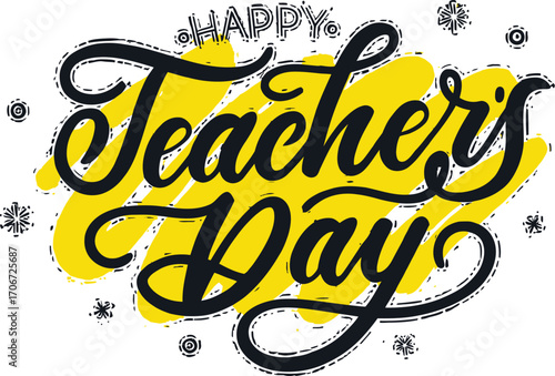 Happy Teacher's Day greeting card design with vibrant lettering and decorative elements