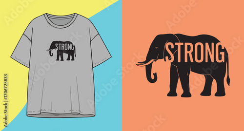 Graphic t shirt design featuring elephant silhouette with the word strong