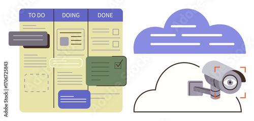 Project management board with tasks in to-do, doing, and done columns. Security camera and cloud symbol highlight surveillance. Ideal for productivity, organization, monitoring, teamwork, security