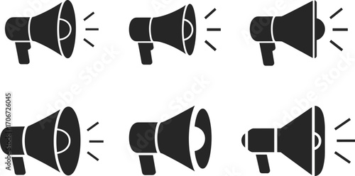 Black megaphone icon set, loudspeaker vector illustration, communication symbol, announcement graphic, marketing promotion design, sound notification element, advertising message concept illustration