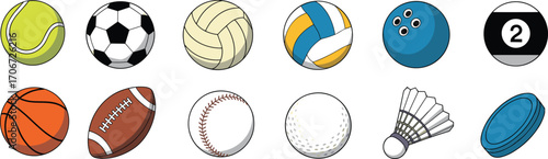 Colorful Sports Equipment Vector Set – Balls and Gear for Tennis, Soccer, Basketball, Baseball, Golf, Badminton, Bowling, and More Athletic Activities