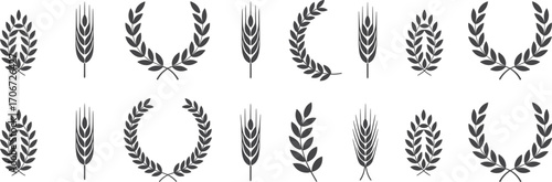 Black vector illustration set of wheat ears, laurel wreaths, agriculture symbols, decorative plant elements for farming, organic food, award, vintage design