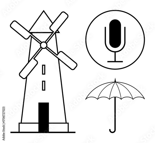 Windmill with four blades, microphone inside a circle, and open umbrella. Ideal for sustainability, nature, communication, music, weather, protection and a simple landing page