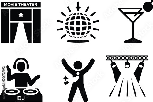 Entertainment and nightlife icon set featuring movie theater, disco ball, cocktail glass, DJ, party dancer, and stage lighting in modern black silhouette style