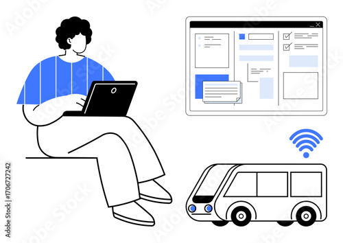 Man using laptop, window with digital tools, bus with wireless signal. Ideal for remote work, mobility, technology, smart cities, communication, digitalization simple flat metaphor