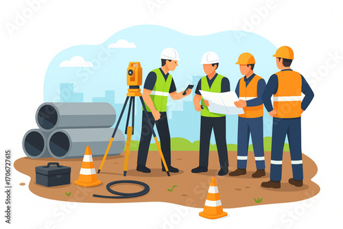 Construction Engineers and Surveyors Discussing Blueprint on Building Site Illustration