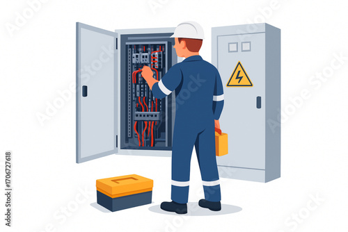 Electrician Working on Electrical Control Panel Isometric Vector Illustration