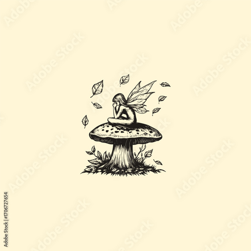 vector illustration in a dark, vintage engraving style, featuring a mythological winged fairy or nymph sitting serenely on a large mushroom