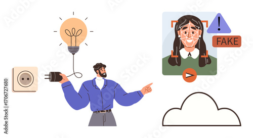 Man holding plugged cord toward lightbulb, face recognition screen, warning sign, cloud. Ideal for technology, AI, innovation, digital safety education identity verification ideas. Simple flat