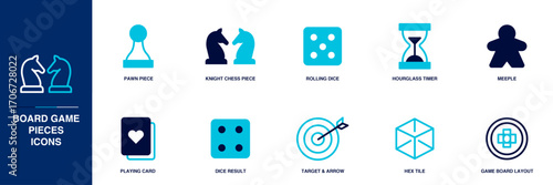 Board Game Pieces Blue Colored Outline Icon Set