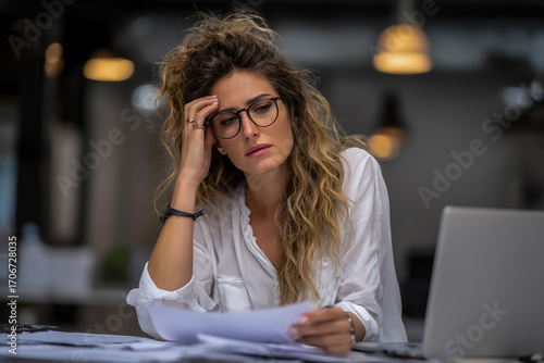 Young woman with glasses looking stressed while working with papers at a desk