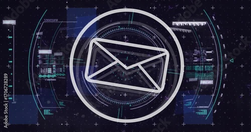 On startup, HUD rings rotating, envelope brightening, data panels sliding to display message