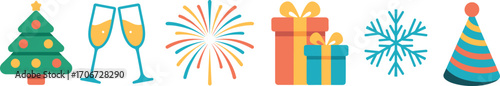 Flat style holiday icon set featuring Christmas tree, champagne glasses, fireworks, gift boxes, snowflake, and party hat for celebration and New Year themes