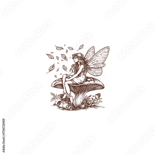 vector illustration in a dark, vintage engraving style, featuring a mythological winged fairy or nymph sitting serenely on a large mushroom