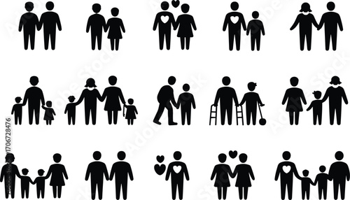 Family silhouette icon set illustration showing parents, children, couples, grandparents, love, togetherness, unity, relationships, lifestyle, and generational bonding vector design