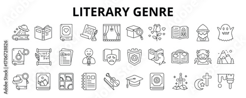 30 Literary Genre Line Icons Vector - Drama, Mystery, Romance, Horror, Comedy, Mythology, Comic, Religion