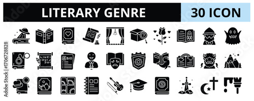 30 Literary Genre Glyph Icons Vector - Drama, Mystery, Romance, Horror, Comedy, Mythology, Comic, Religion