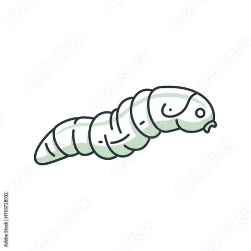 A simple cartoon illustration of a green maggot or larva with a segmented body, isolated on a white background.