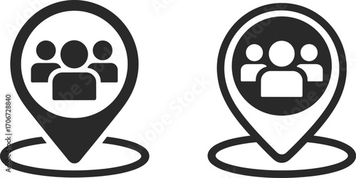 Group location pin icon illustration, community people marker symbol, team position vector, social connection map pointer, networking place and crowd gathering design