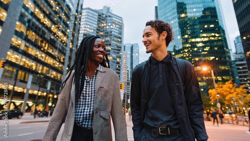 Smiling young adult woman and man walking together, friendship urban city street, modern office building, autumn evening, business casual, lifestyle
