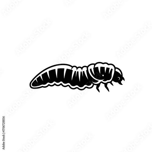 A simple black and white vector icon of a grub, depicting the side view of an insect larva with a segmented body.