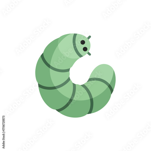 A simple, stylized illustration of a cute green caterpillar or grub, curled into a C-shape on a plain white background.