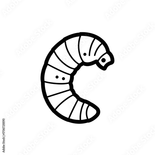 A simple black and white cartoon illustration of a segmented worm curled into a C-shape.