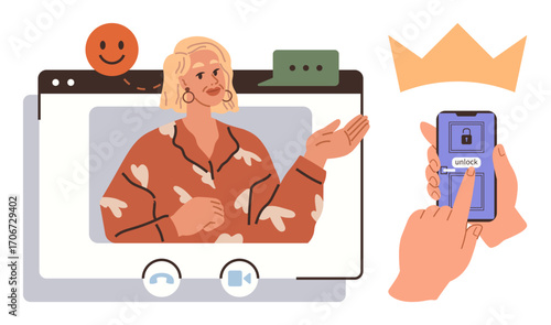 Woman gesturing during video conference, smiling emotion, chat bubble, user unlocking phone, crown signifying leadership or achievement. Ideal for teamwork, communication, security, recognition