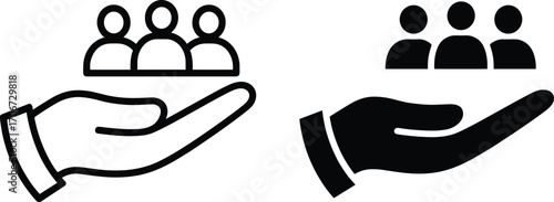 Human resource management vector illustration, hand holding people group, employee care, business support, customer service, teamwork, leadership, corporate responsibility, social connection