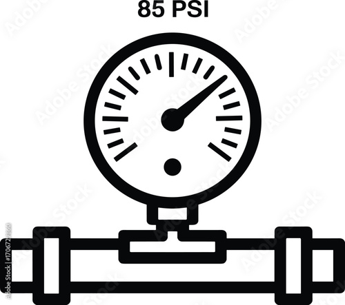 Industrial pressure gauge meter illustration showing 85 PSI, plumbing pipe system icon, mechanical equipment monitoring, engineering measurement tool, water gas air pressure control