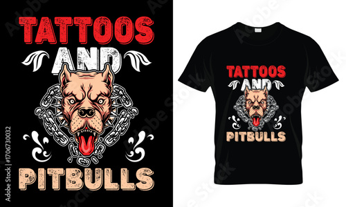Tattoos and Pitbulls: A captivating t-shirt design, showcasing a fierce pitbull with intricate tattoos, representing strength and style.