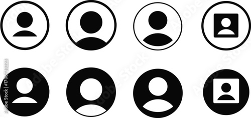 Minimal black silhouette avatar icons set, user profile symbol collection, round and square design, social media, web, business, application interface illustration