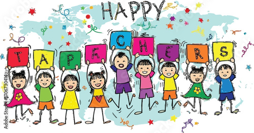 Joyful children celebrate teachers with colorful letters, spreading happiness and appreciation globally
