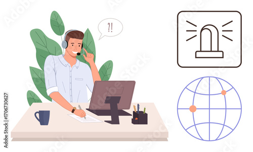 Man in headset at desk handling urgent alerts, collaborating via global network and addressing customer concerns. Ideal for customer service, support, tech assistance, teamwork, communication